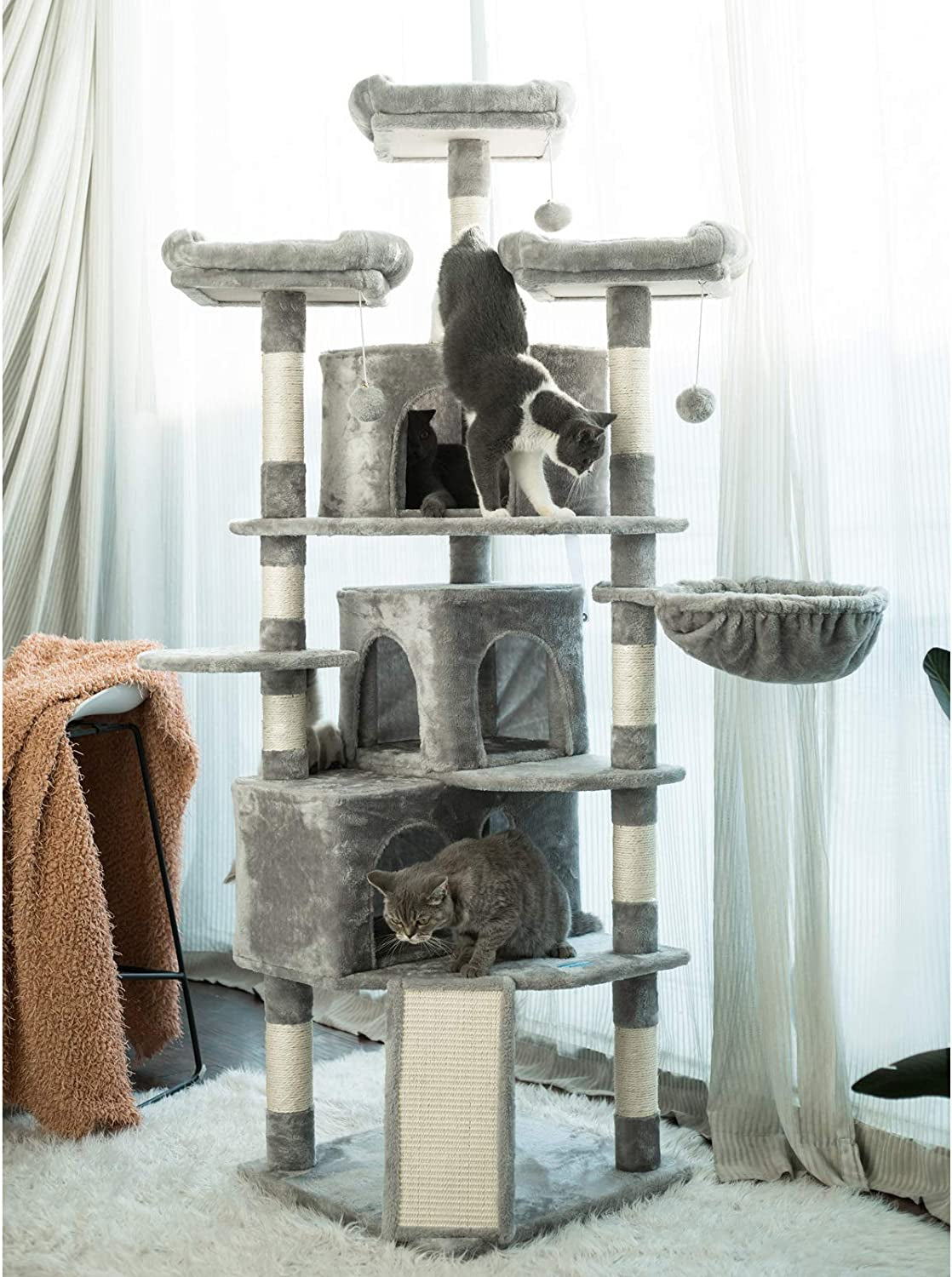 XL Size Cat Tree, Cat Tower with 3 Caves, 3 Cozy Perches, Scratching Posts, Board, Activity Center Stable for Kitten/Gig Cat