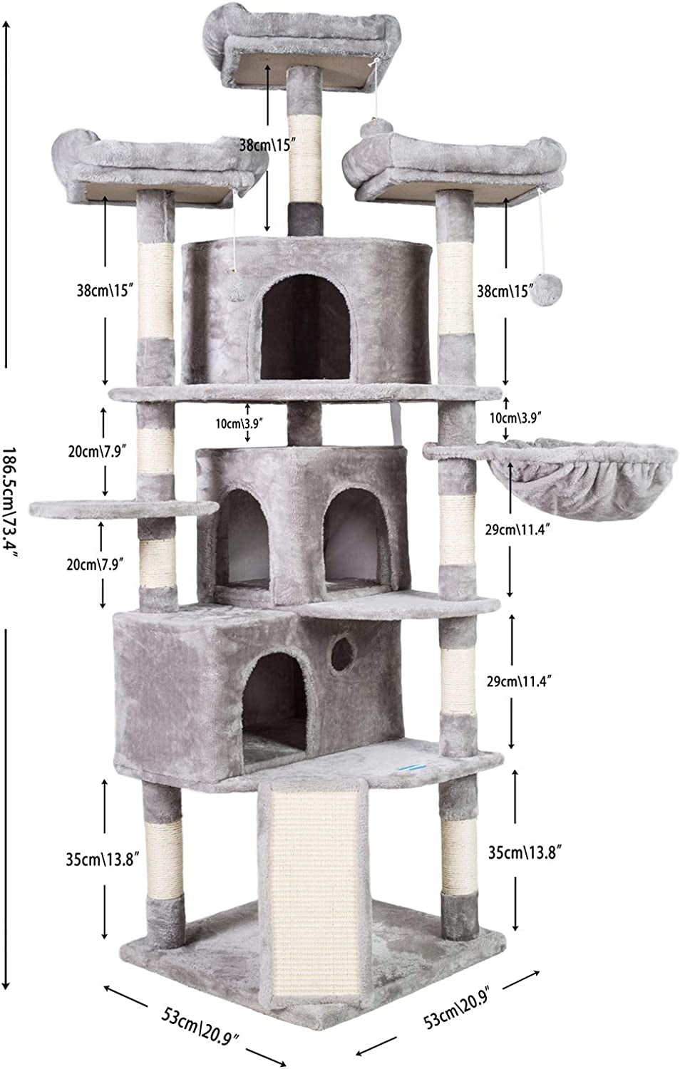 XL Size Cat Tree, Cat Tower with 3 Caves, 3 Cozy Perches, Scratching Posts, Board, Activity Center Stable for Kitten/Gig Cat