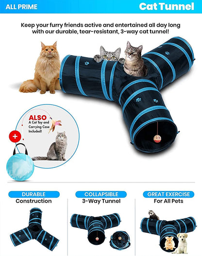 Cat Tunnel - Also Included Is a ($5 Value) Interactive Cat Toy - Toys for Cats - Cat Tunnels for Indoor Cats - Cat Tube - Collapsible 3 Way Pet Tunnel - Great Toy for Cats