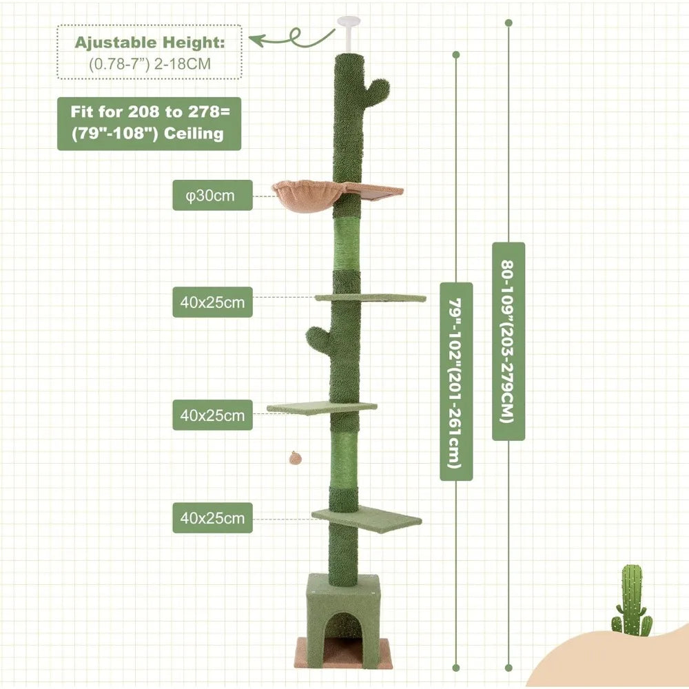 Floor to Ceiling Cat Tree Ajustable Height [82-108 Inches=208-275Cm] 6 Tiers Tower Fit for 7-9 Feet Ceiling